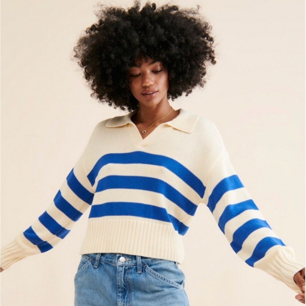 Pistola Arlo Polo Sweater Striped Womens L Vneck Cream Blue Coastal Nautical
